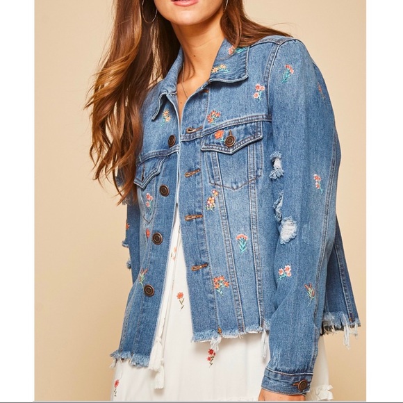 Distressed Denim Jacket Floral Embroidered Detail - Picture 8 of 16
